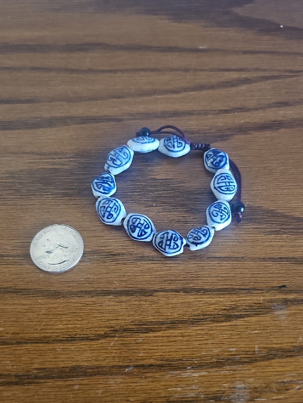 Blue and White Ceramic Bead Bracelet, Adjustible